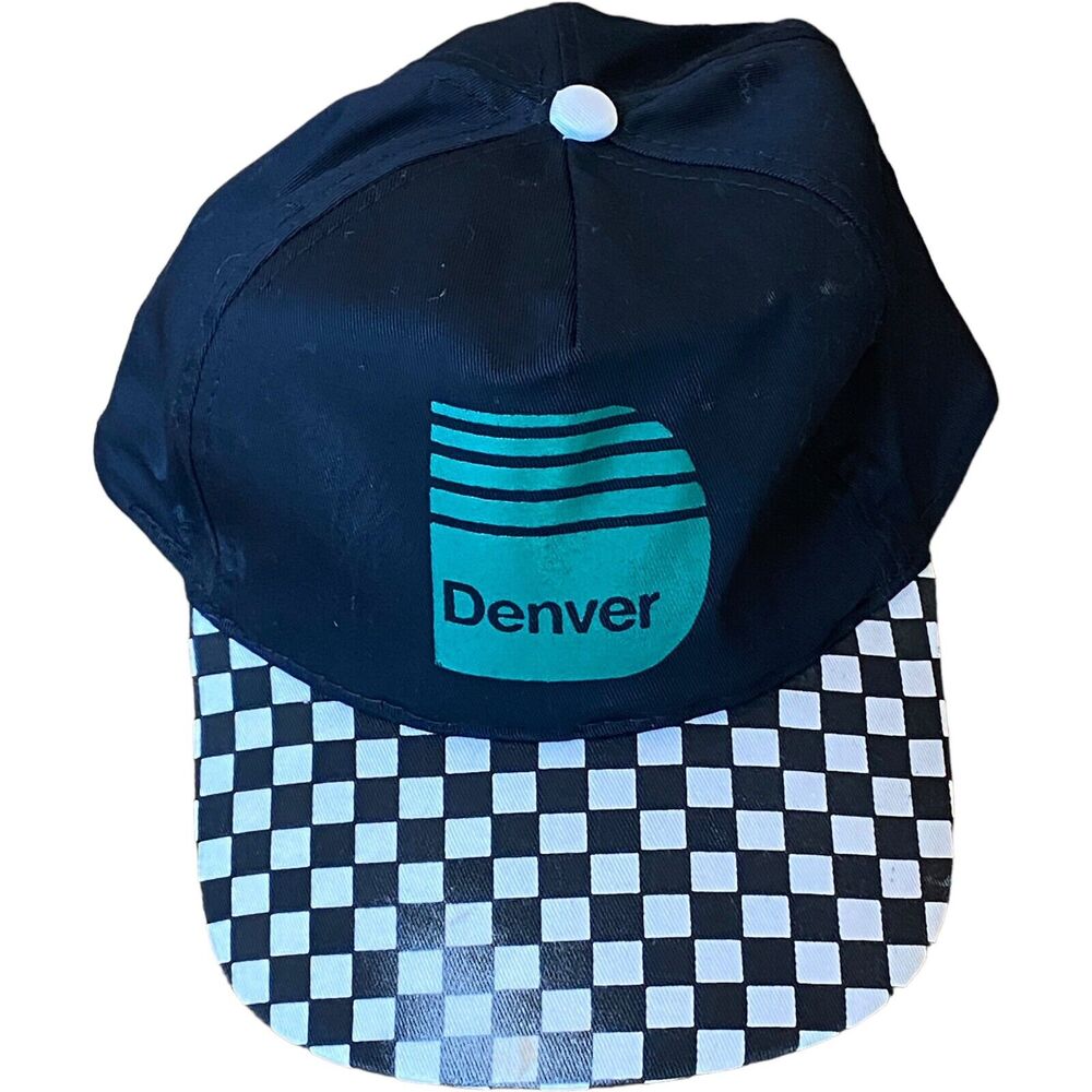 Vtg Denver Mens Hat Checkered Black White SnapBack Cap Trucker Skater Hip Hop
